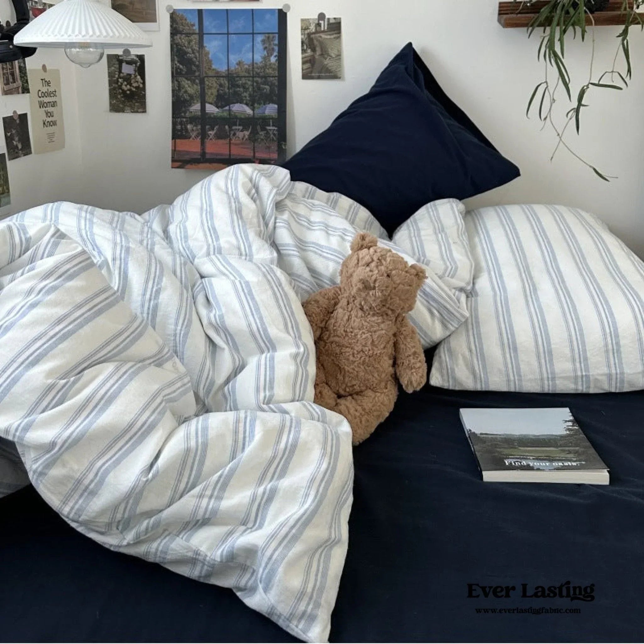 Breezy Stripe Washed Cotton Blue Bedding Set Ever Lasting