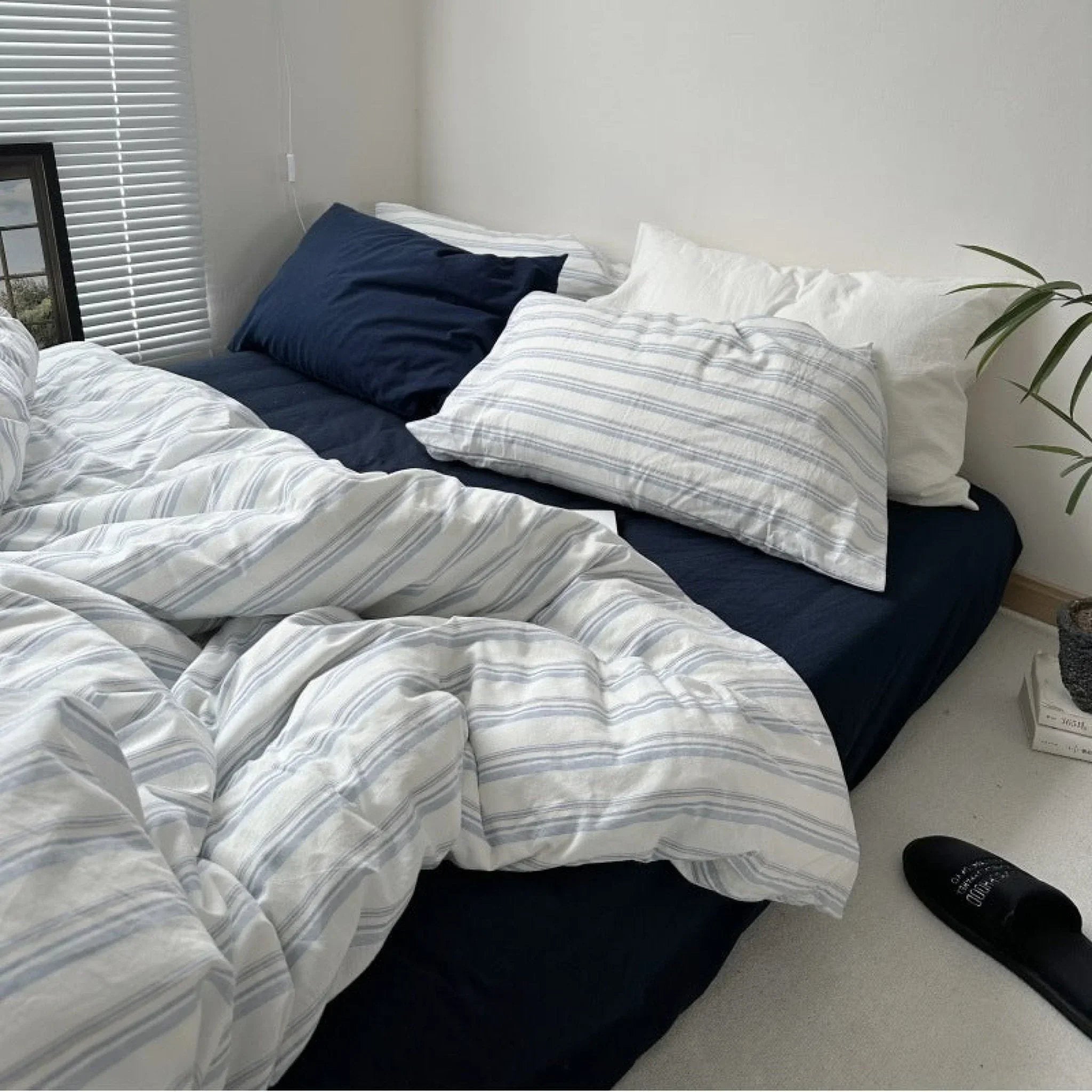 Breezy Stripe Washed Cotton Blue Bedding Set Ever Lasting