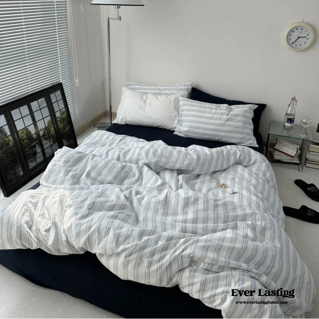 Breezy Stripe Washed Cotton Blue Bedding Set Ever Lasting