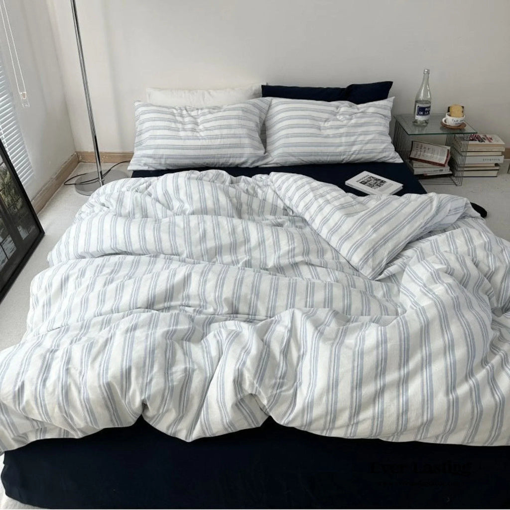 Breezy Stripe Washed Cotton Blue Bedding Set Ever Lasting