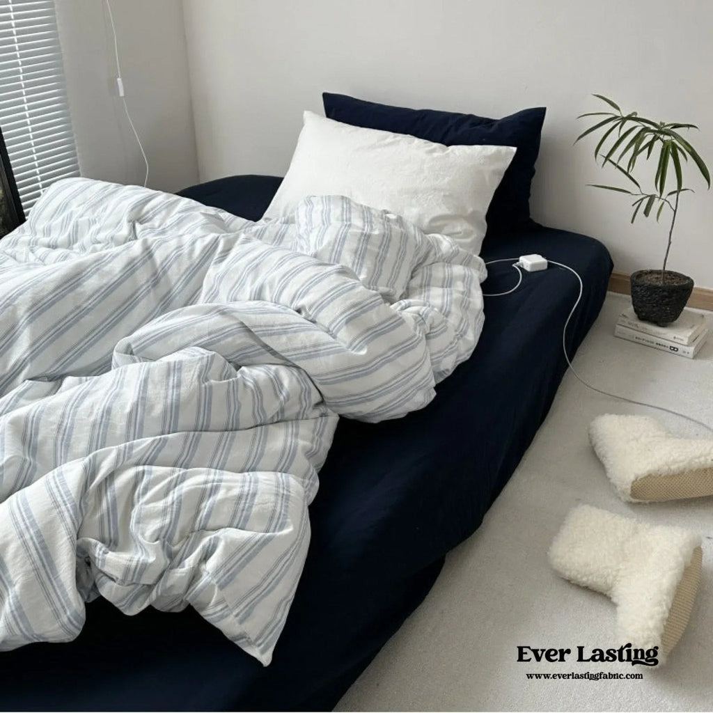 Breezy Stripe Washed Cotton Blue Bedding Set Ever Lasting