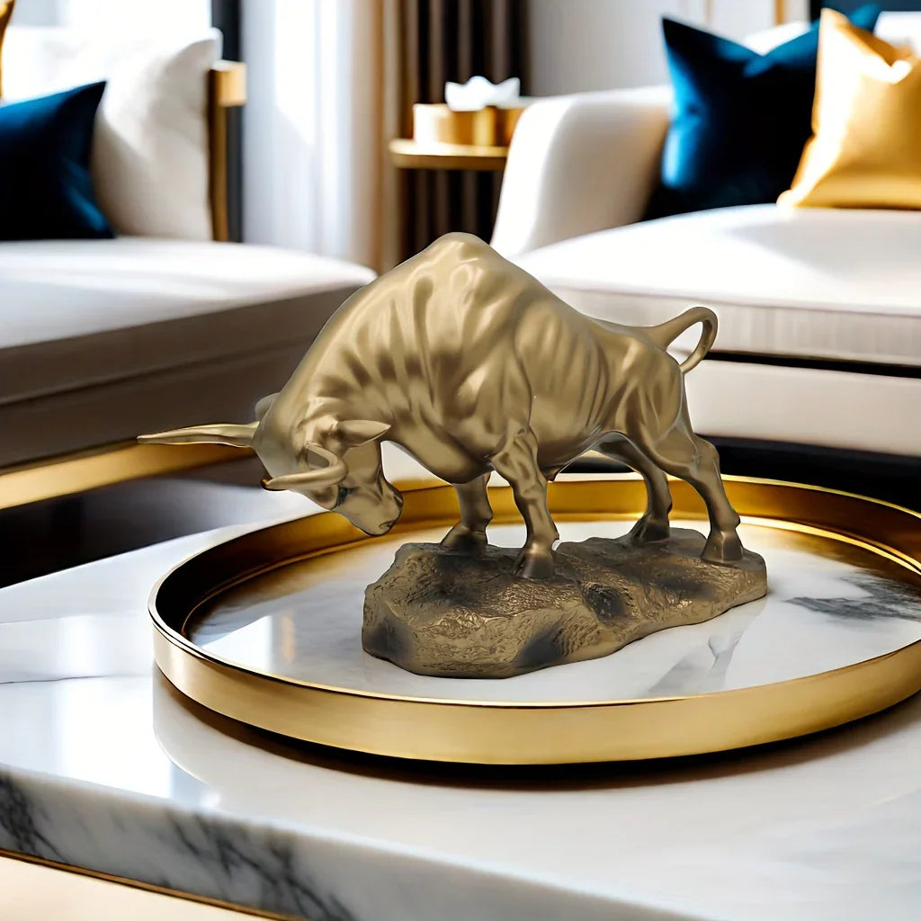 Bronze bull statue, metallic finish, iconic Wall Street symbol - House of Avana