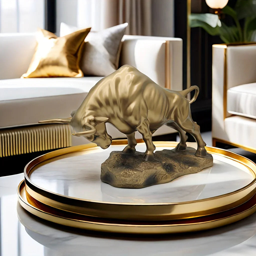 Bronze bull statue, metallic finish, iconic Wall Street symbol - House of Avana