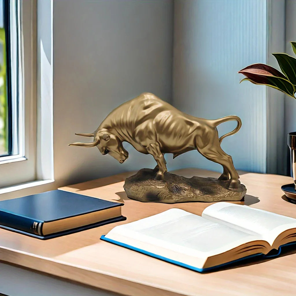 Bronze bull statue, metallic finish, iconic Wall Street symbol - House of Avana
