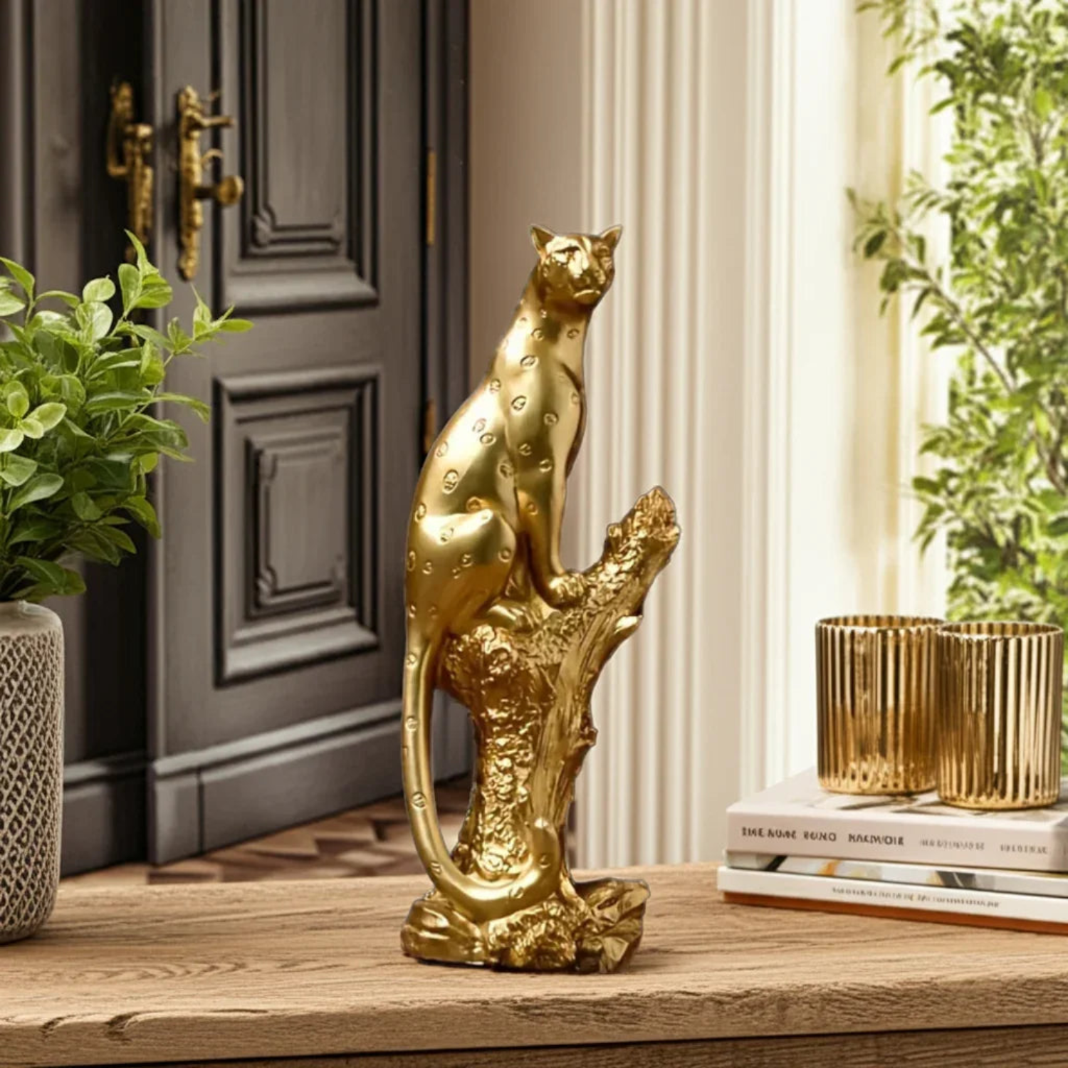 Bronze Leopard Figurine on Tree Stump House Of Avana