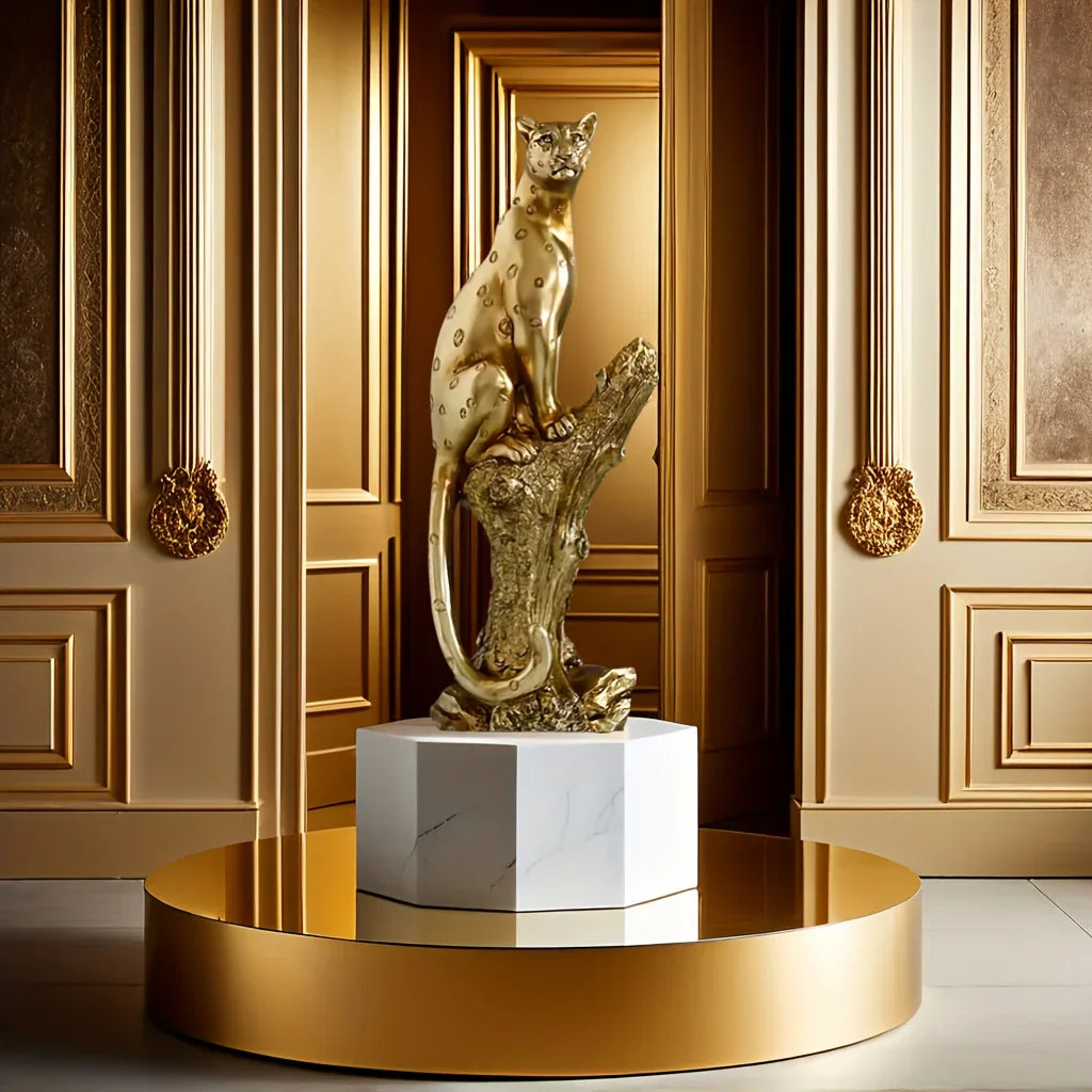 Bronze Leopard Figurine on Tree Stump - House Of Avana