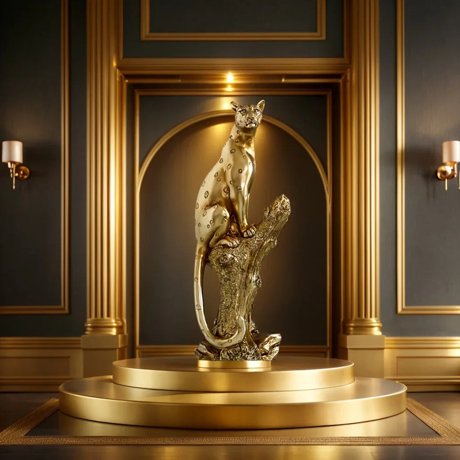 Bronze leopard figurine on a tree stump base, metallic décor - House of Avana