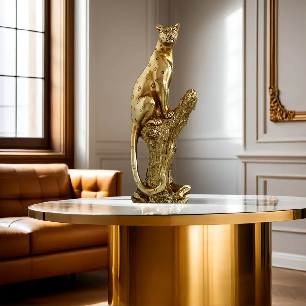 Bronze leopard figurine on a tree stump base, metallic décor - House of Avana