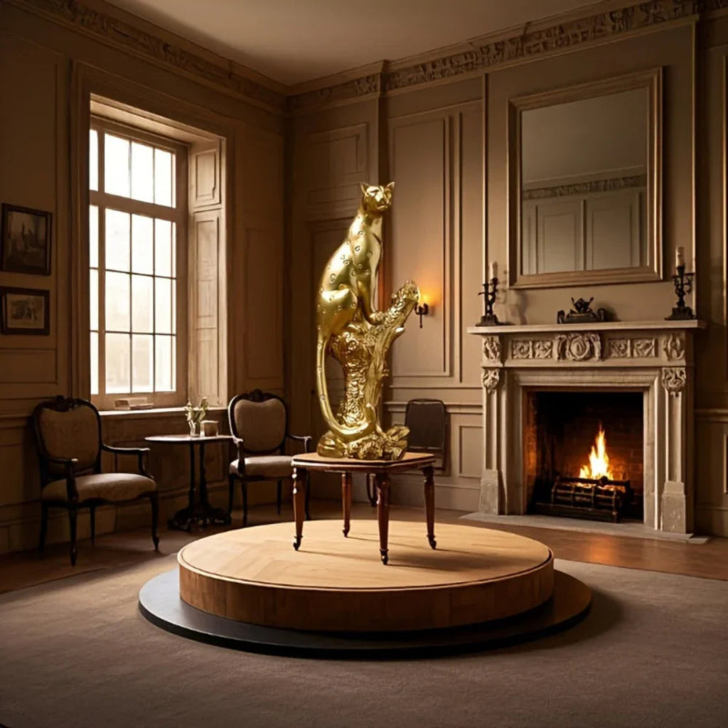 Bronze leopard figurine on a tree stump base, metallic décor - House of Avana