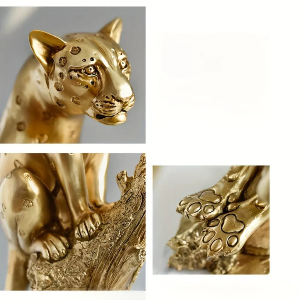 Bronze leopard figurine on a tree stump base, metallic décor - House of Avana