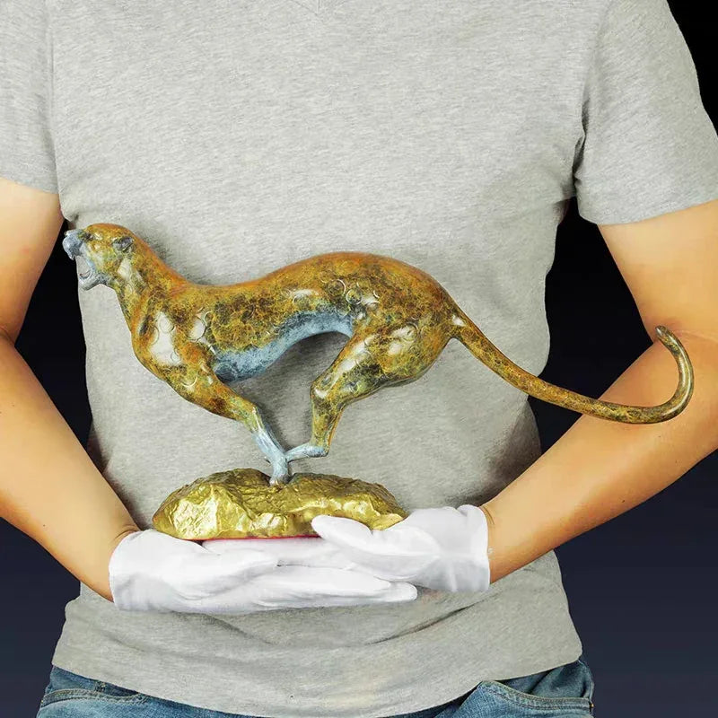 42cm Bronze Leopard Sculpture Bronze Cheetah Statue Modern Art Jumping Leopard Statues for Home Descktop... - House Of Avana