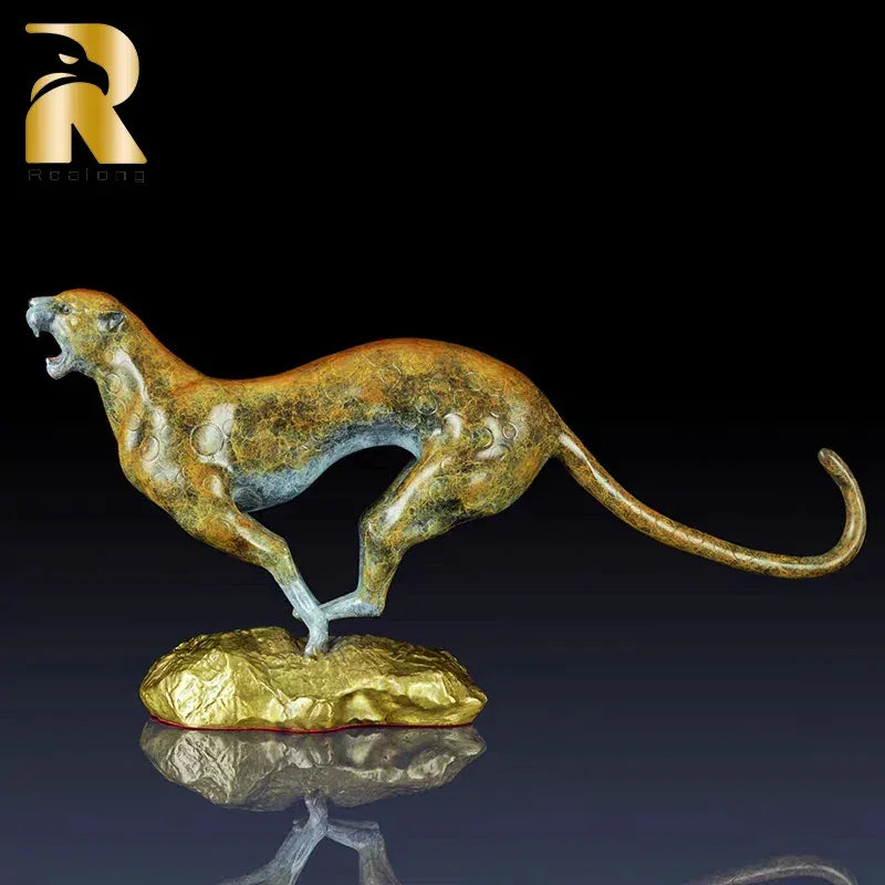 42cm Bronze Leopard Sculpture Bronze Cheetah Statue Modern Art Jumping Leopard Statues for Home Descktop... - House Of Avana