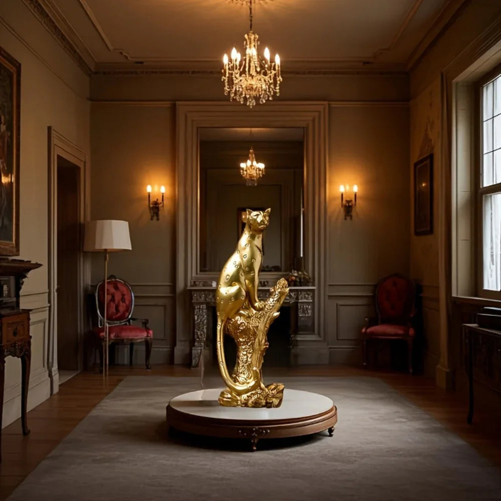 Bronze Figurine - Leopard on Tree Stump Base, angled view - House Of Avana