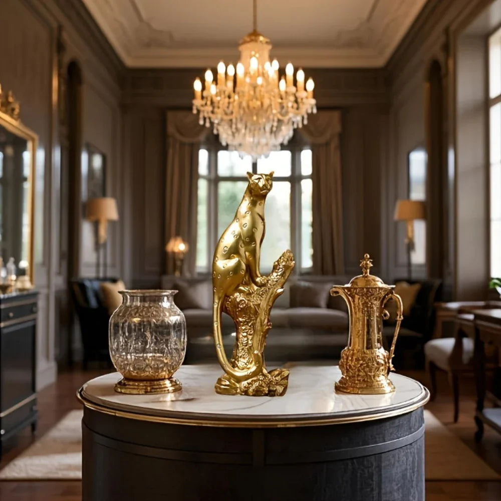 Bronze Figurine - Leopard on Tree Stump Base, close-up view - House Of Avana