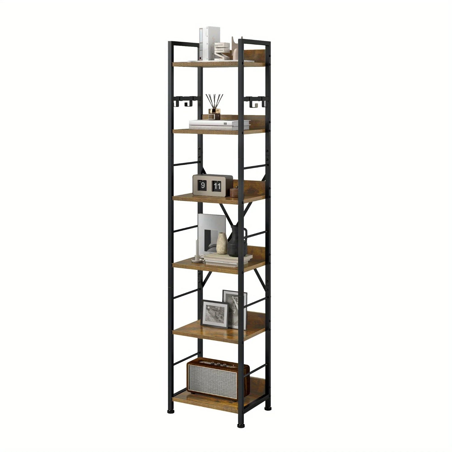 Rustic Brown Bookshelf Bookcase 6 Tiers, Floor Standing Book Shelf with 4 Hooks, Wooden Shelf and Metal Frame Book Rack Industrial Tall Shelf Unit Storage for Living Room, Home Office House Of Avana