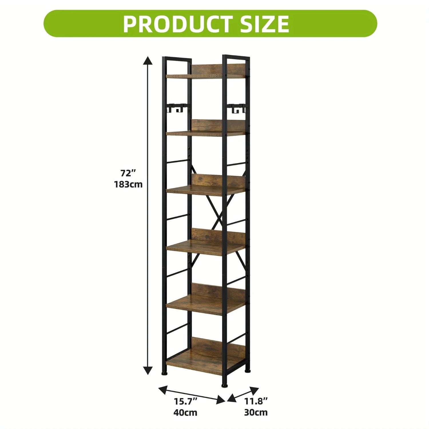 Rustic Brown Bookshelf Bookcase 6 Tiers, Floor Standing Book Shelf with 4 Hooks, Wooden Shelf and Metal Frame Book Rack Industrial Tall Shelf Unit Storage for Living Room, Home Office House Of Avana