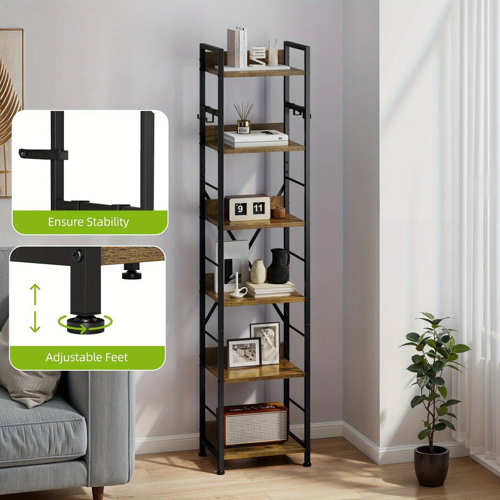 Rustic Brown Bookshelf Bookcase 6 Tiers, Floor Standing Book Shelf with 4 Hooks, Wooden Shelf and Metal Frame Book Rack Industrial Tall Shelf Unit Storage for Living Room, Home Office House Of Avana