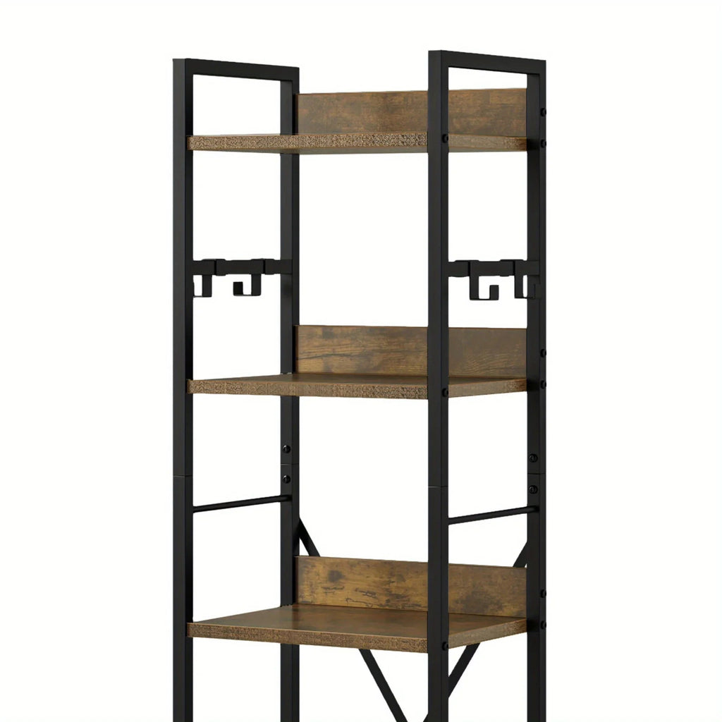 Rustic Brown Bookshelf Bookcase 6 Tiers, Floor Standing Book Shelf with 4 Hooks, Wooden Shelf and Metal Frame Book Rack Industrial Tall Shelf Unit Storage for Living Room, Home Office House Of Avana