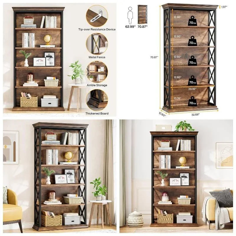 6 - Tier Bookcase, Inches Industrial Bookshelves and Bookcases, Floor Standing Shelf Display Storage... - House Of Avana