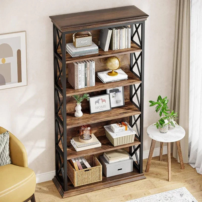 6 - Tier Bookcase, Inches Industrial Bookshelves and Bookcases, Floor Standing Shelf Display Storage... - House Of Avana