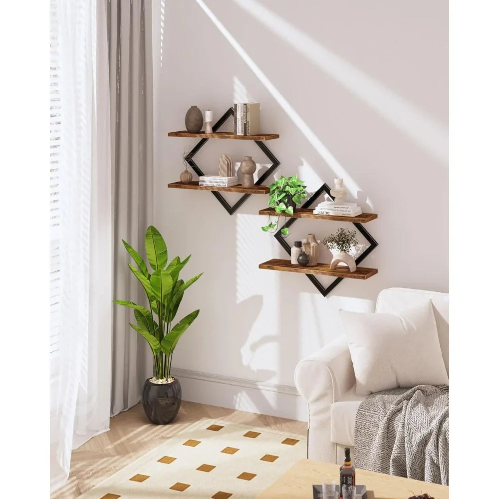 Set of Wood Floating Shelves - Heavy-duty Rustic Brown Wood Grain Wall-mounted 2-tier Hanging Shelves... - House Of Avana