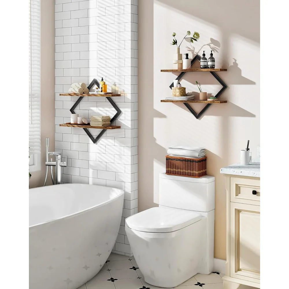 Set of Wood Floating Shelves - Heavy-duty Rustic Brown Wood Grain Wall-mounted 2-tier Hanging Shelves... - House Of Avana