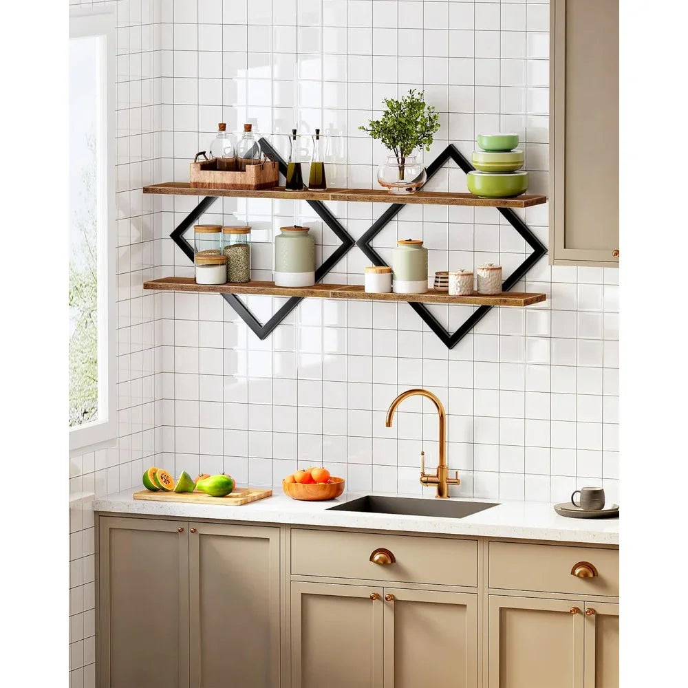 Set of Wood Floating Shelves - Heavy-duty Rustic Brown Wood Grain Wall-mounted 2-tier Hanging Shelves... - House Of Avana