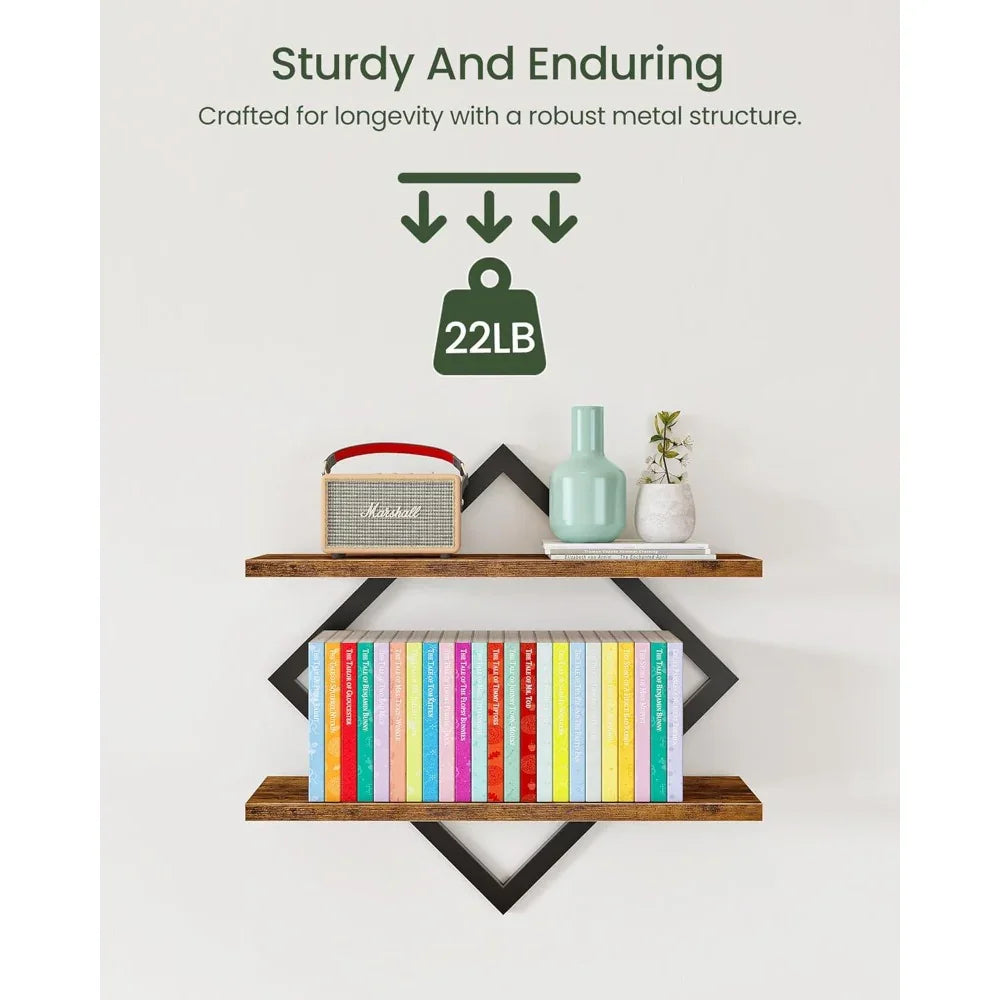 Set of Wood Floating Shelves - Heavy-duty Rustic Brown Wood Grain Wall-mounted 2-tier Hanging Shelves... - House Of Avana