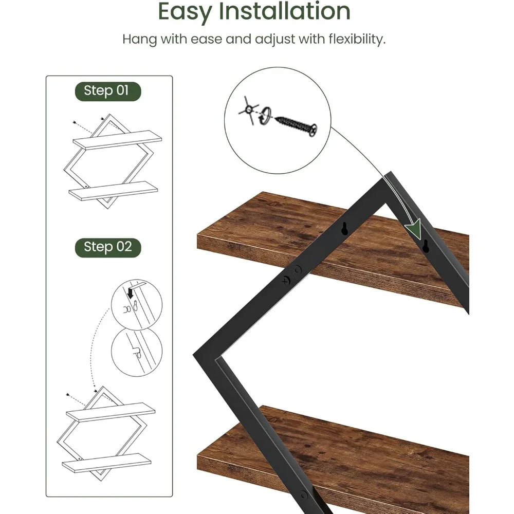 Set of Wood Floating Shelves - Heavy-duty Rustic Brown Wood Grain Wall-mounted 2-tier Hanging Shelves... - House Of Avana