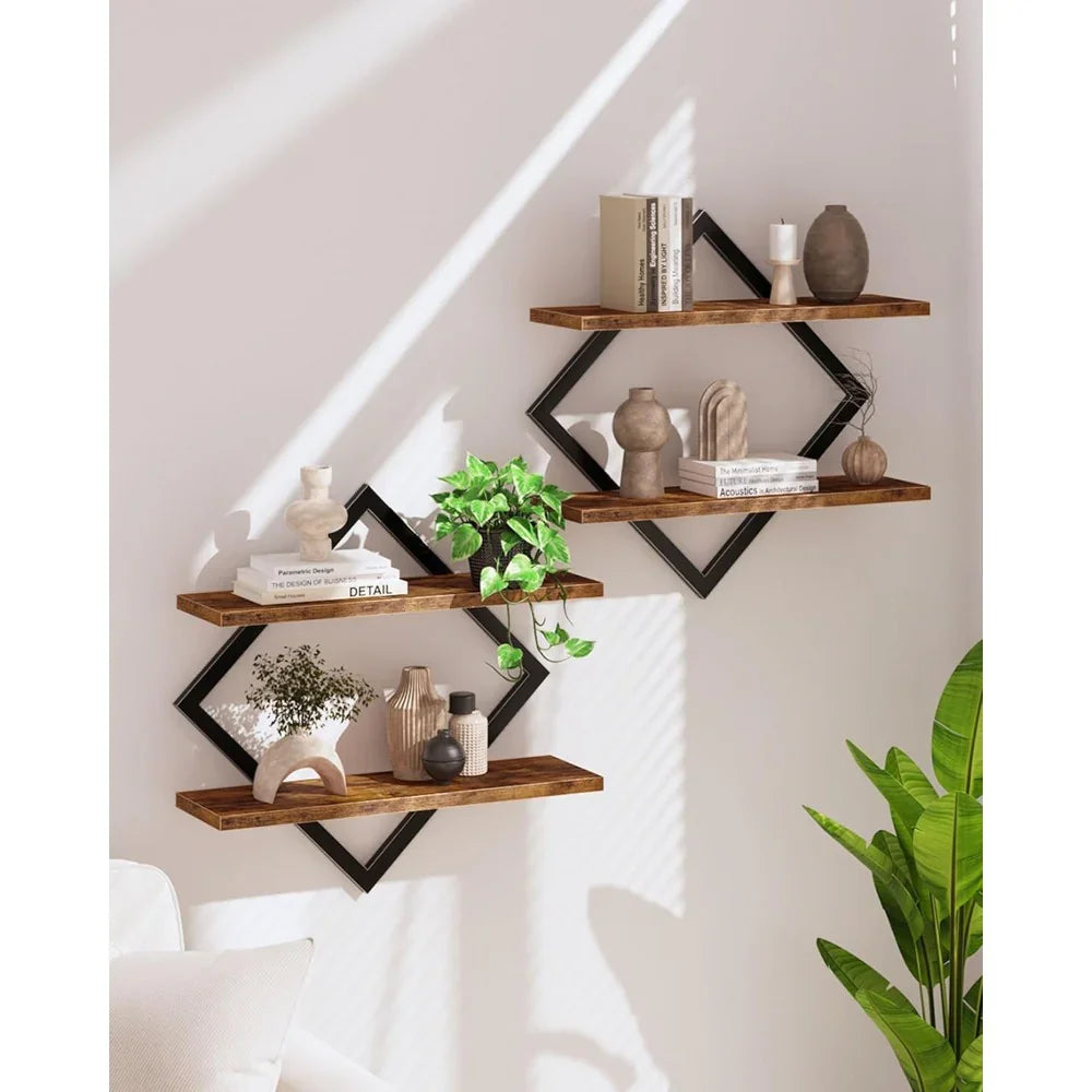 Set of Wood Floating Shelves - Heavy-duty Rustic Brown Wood Grain Wall-mounted 2-tier Hanging Shelves... - House Of Avana