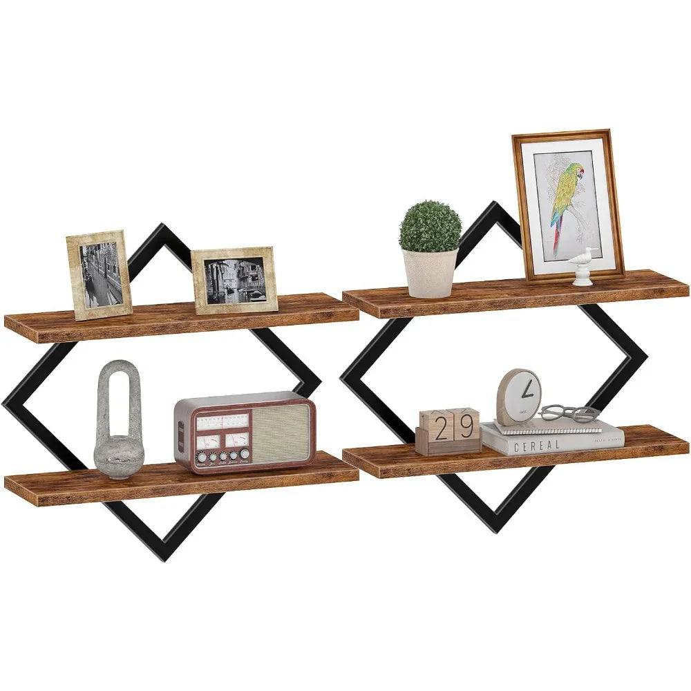 Set of Wood Floating Shelves - Heavy-duty Rustic Brown Wood Grain Wall-mounted 2-tier Hanging Shelves... - House Of Avana