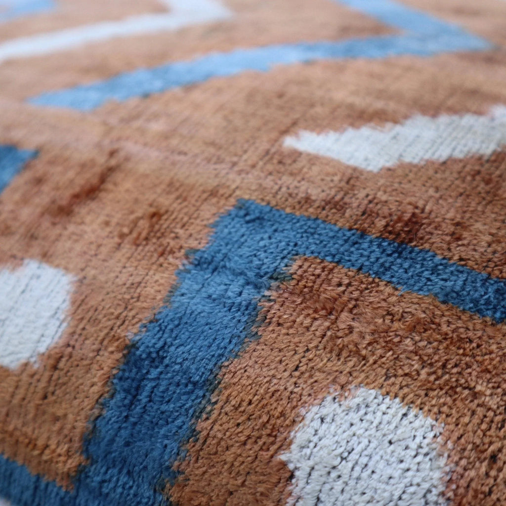 Canvello Handmade Brown & Blue Pillow with Down Cover - 16x24, angled view - House Of Avana