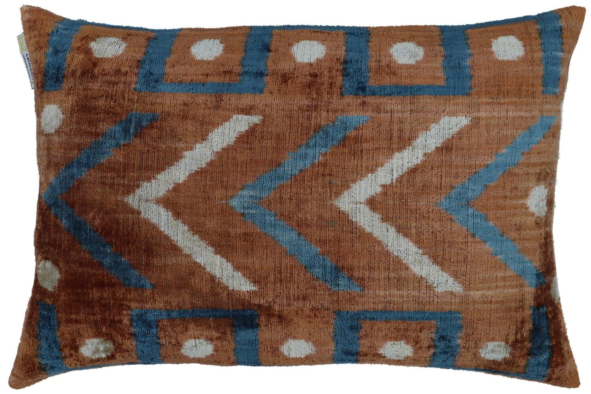 Canvello Handmade Brown & Blue Pillow with Down Cover - 16x24, front view - House Of Avana