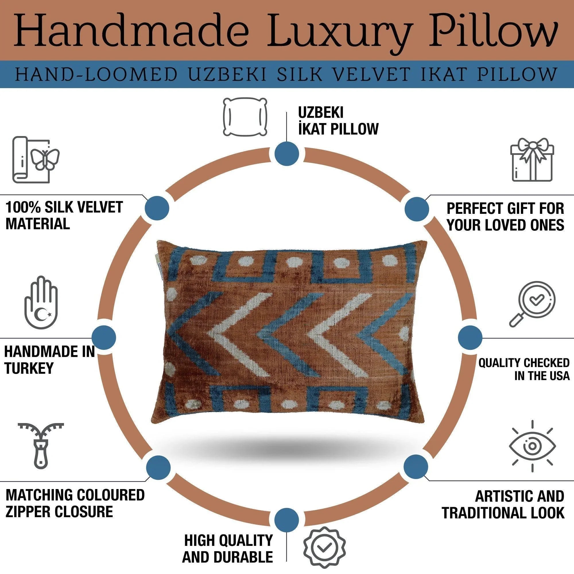 Canvello Handmade Brown & Blue Pillow with Down Cover - 16x24, lifestyle image - House Of Avana