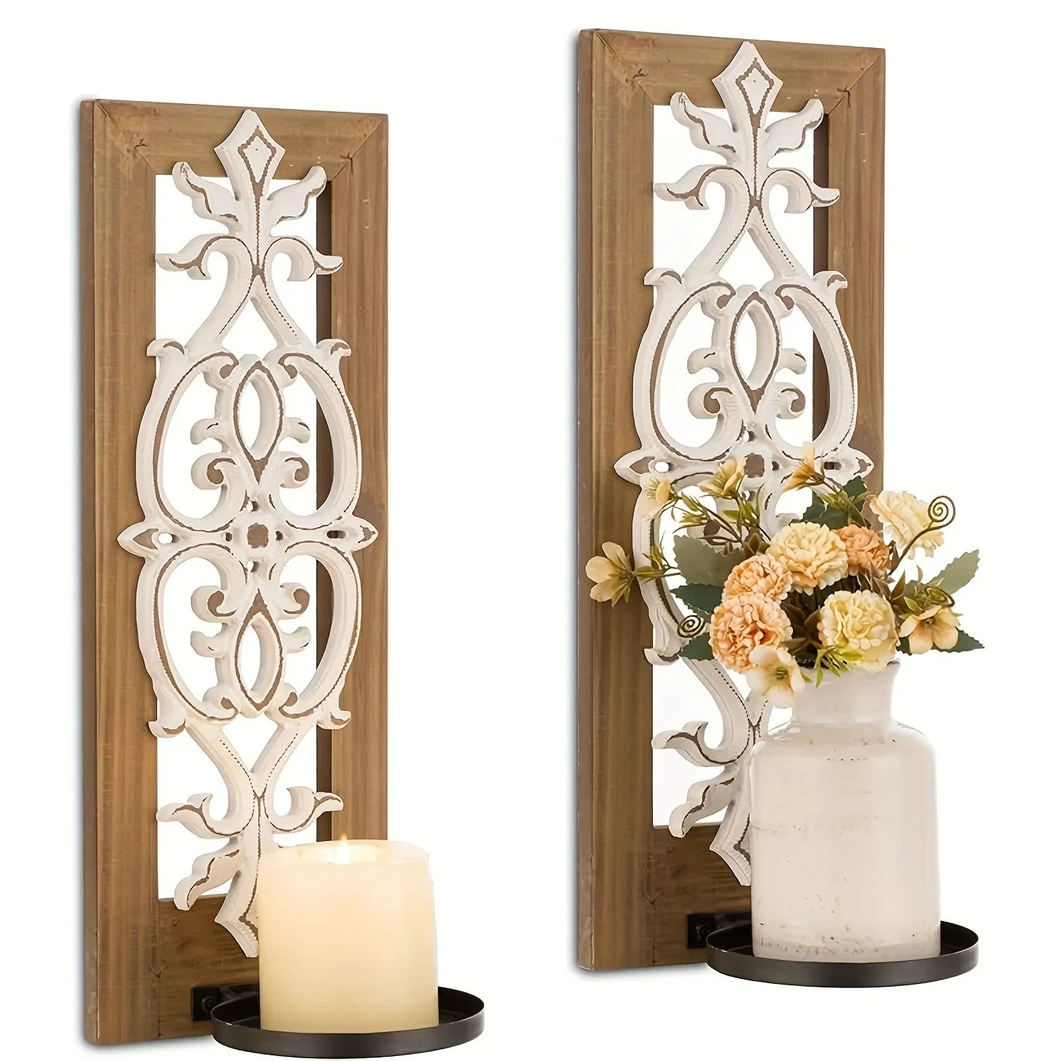 Candle Sconces - Rustic Wood Brown Wall, front view - House Of Avana
