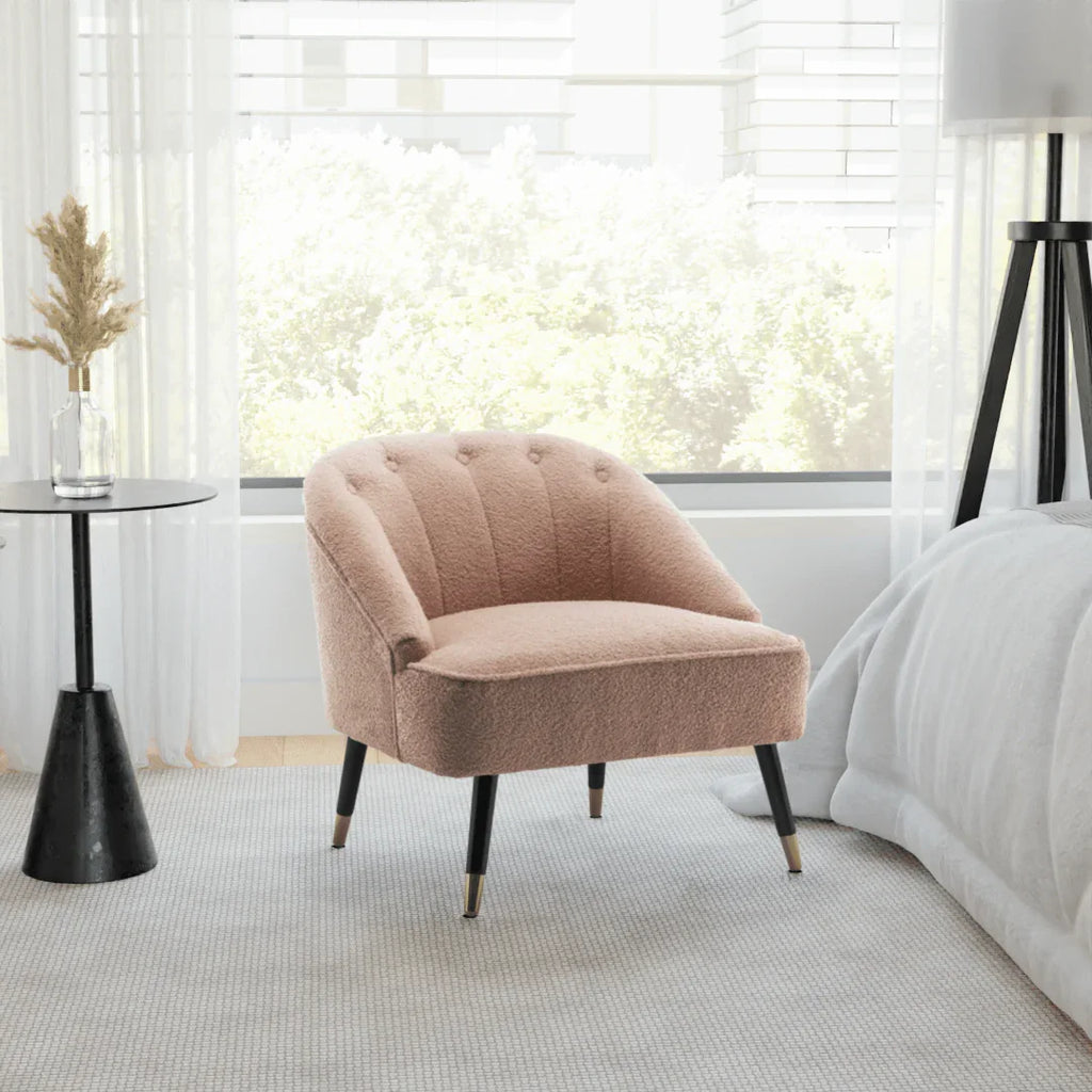 Light Brown Faux Leather Boucle Accent Chair with Textured Fabric, side view - House Of Avana