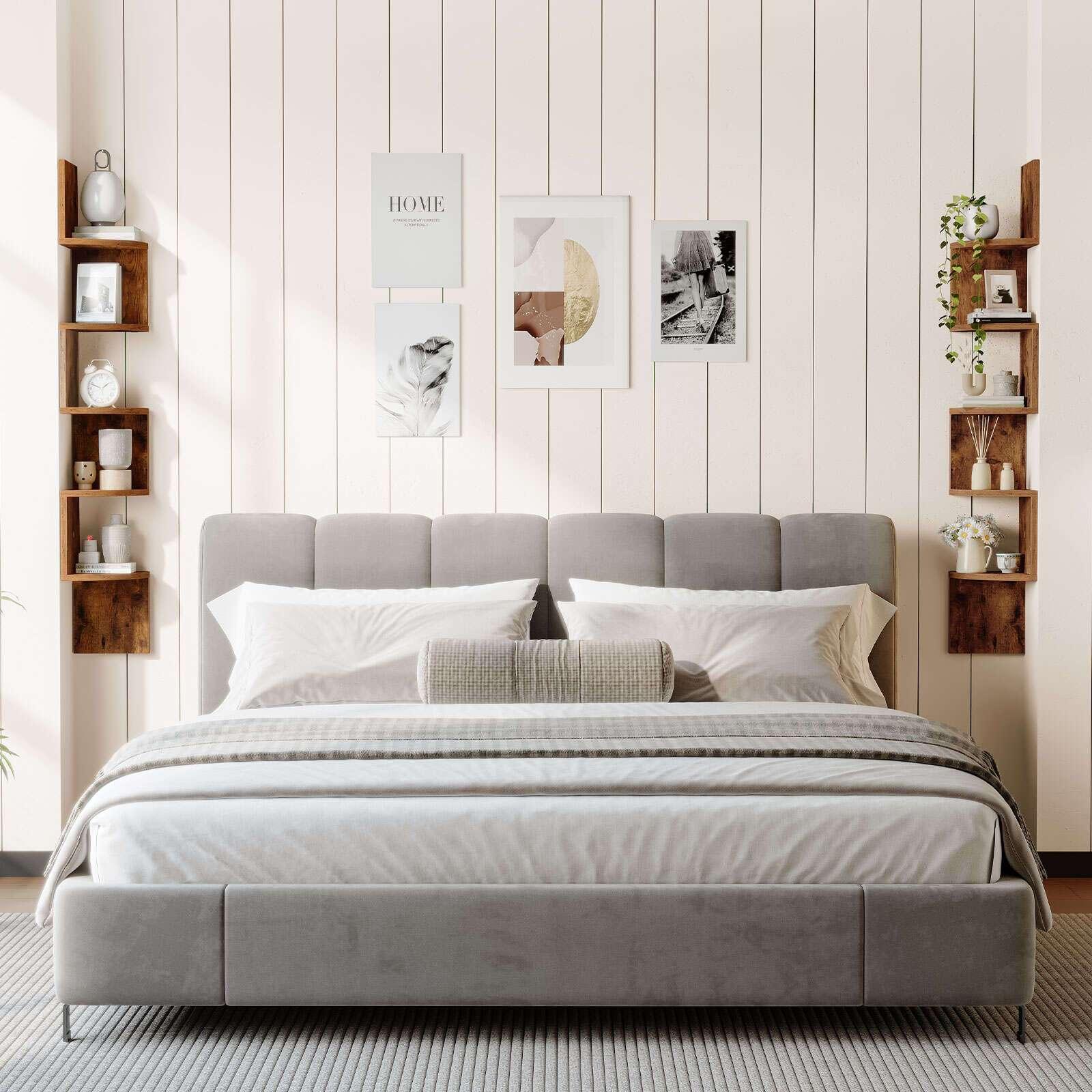 Brown wooden 5-tier corner shelves, wall mounted storage - House of Avana