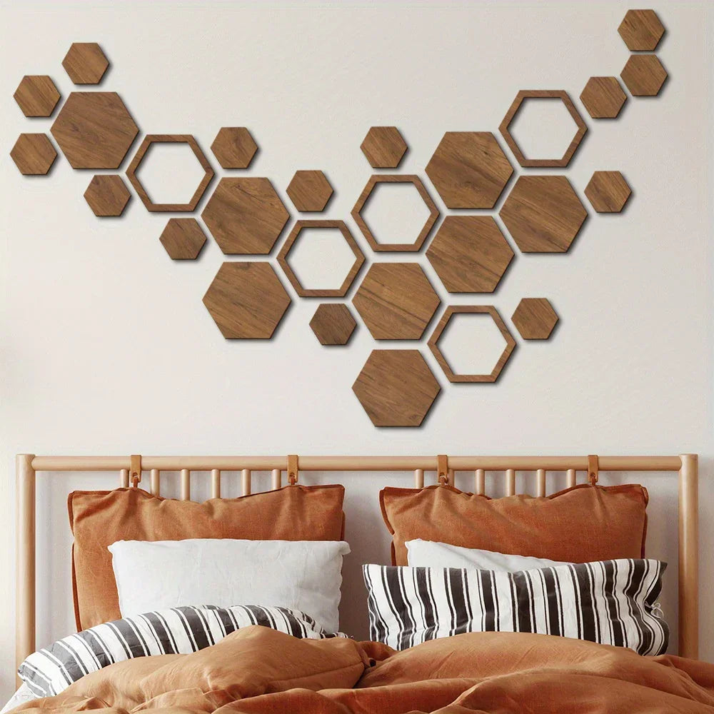 Wooden Wall Panels - 3d Hexagon Reusable Interlocking Decor with Uv Printing, Brown, front view - House Of Avana