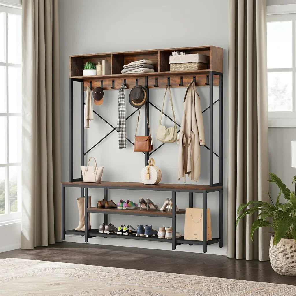 Brown Entryway Bench with Coat Rack & Shoe Storage - House Of Avana