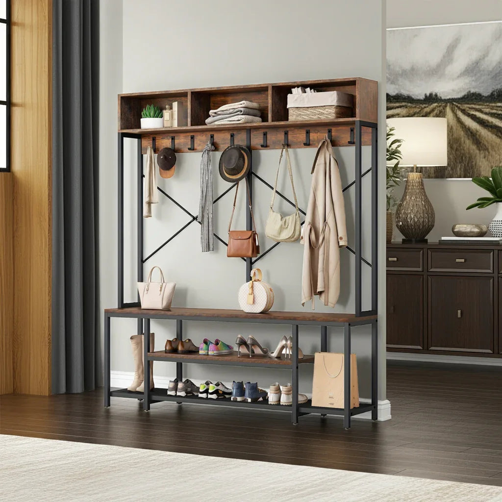 Brown Entryway Bench with Coat Rack & Shoe Storage - House Of Avana