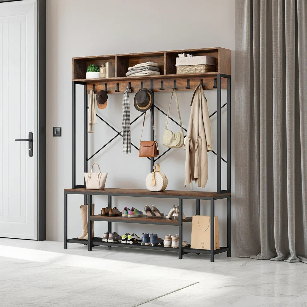 Brown Entryway Bench with Coat Rack & Shoe Storage - House Of Avana