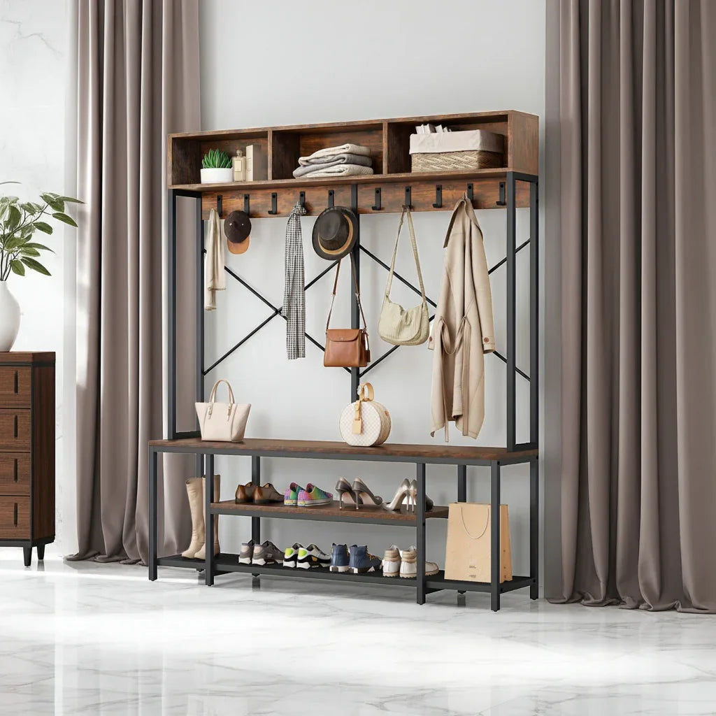 Brown Entryway Bench with Coat Rack & Shoe Storage - House Of Avana
