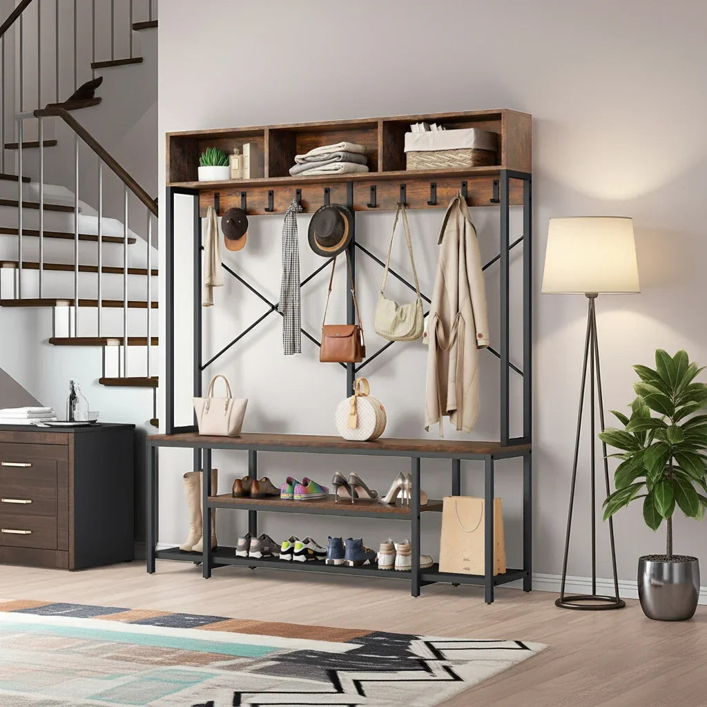 Brown Entryway Bench with Coat Rack & Shoe Storage House Of Avana