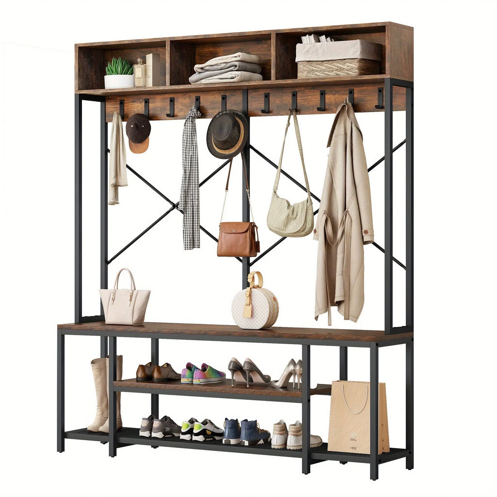 Brown Entryway Bench with Coat Rack & Shoe Storage - House of Avana