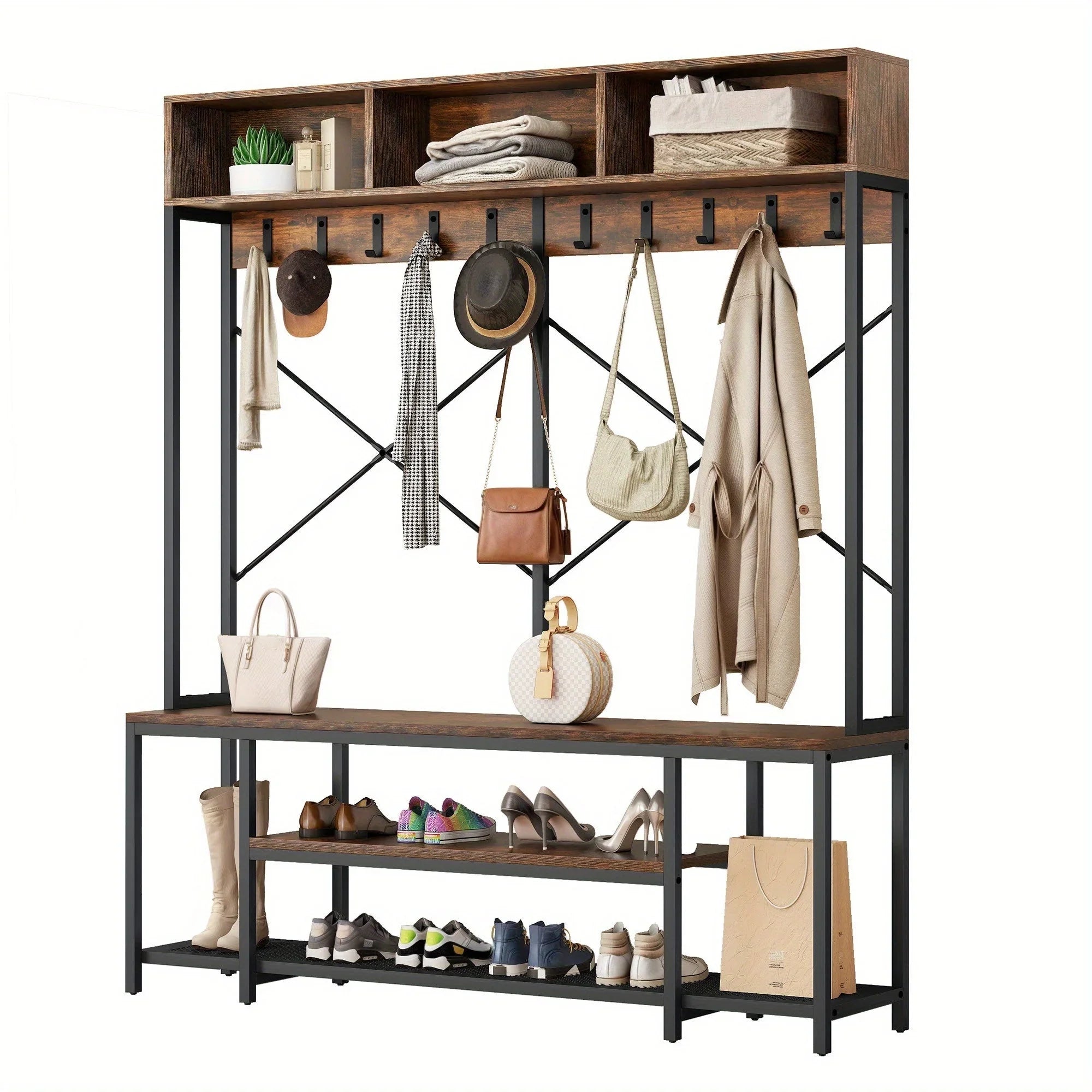 Brown Entryway Bench with Coat Rack & Shoe Storage - House of Avana