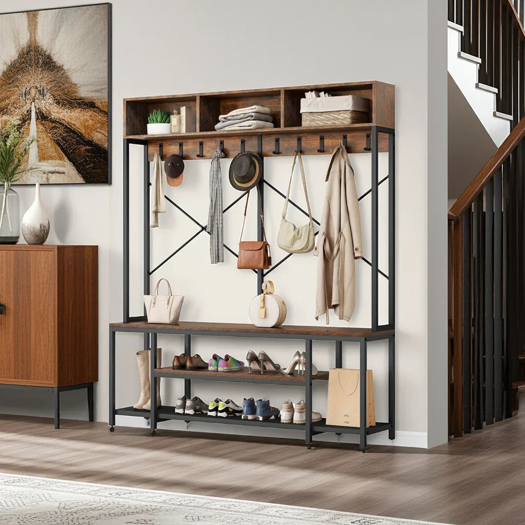 Brown Entryway Bench with Coat Rack & Shoe Storage House Of Avana
