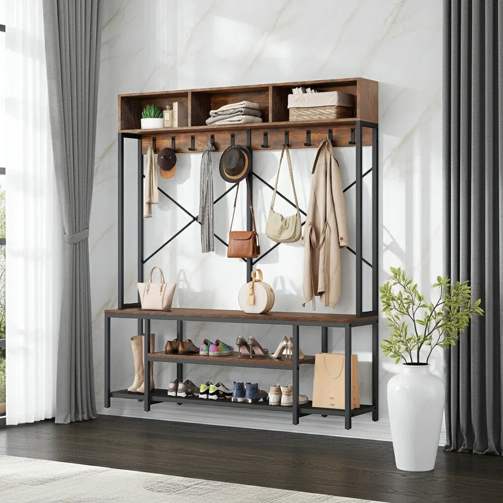 Brown Entryway Bench with Coat Rack & Shoe Storage House Of Avana