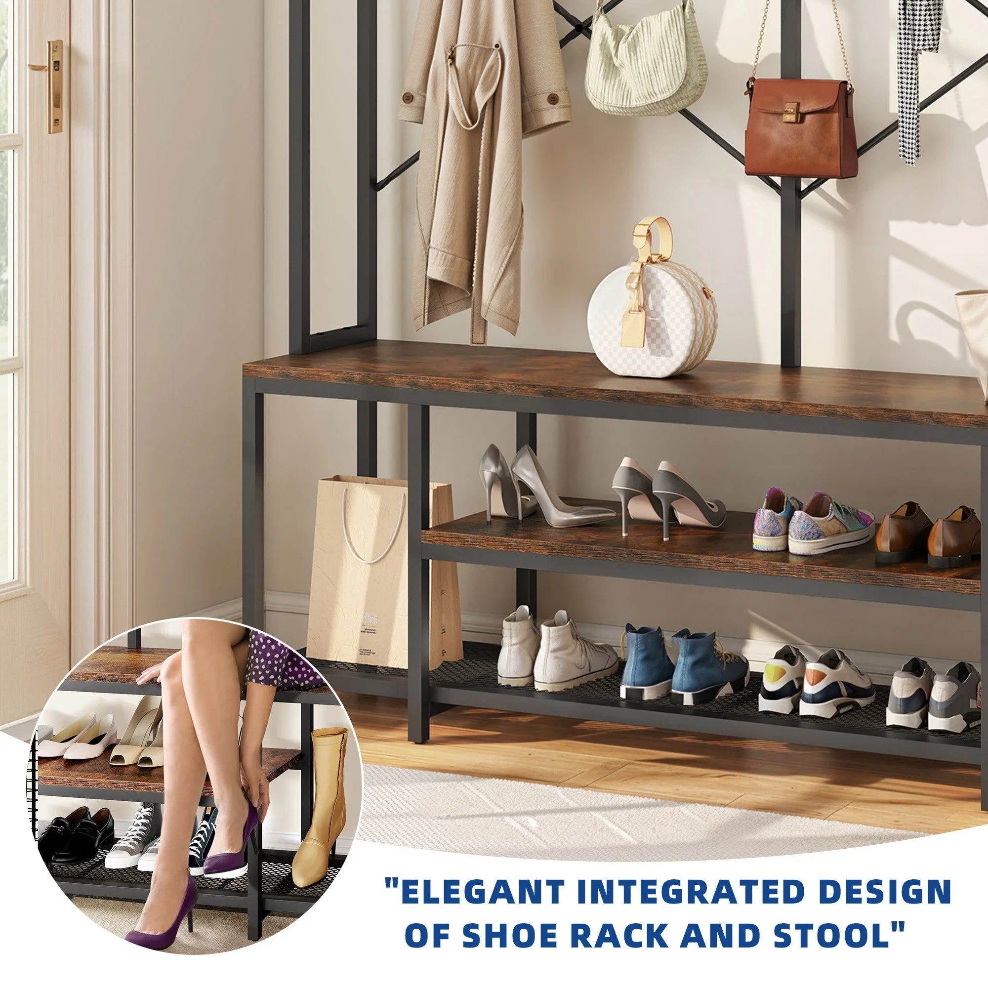 Brown Entryway Bench with Coat Rack & Shoe Storage - House of Avana