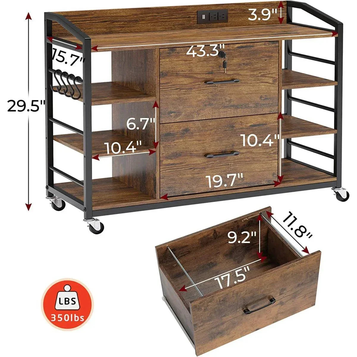 Brown Printer Stand Bookcase Power Station Mobile Office File Cabinet
