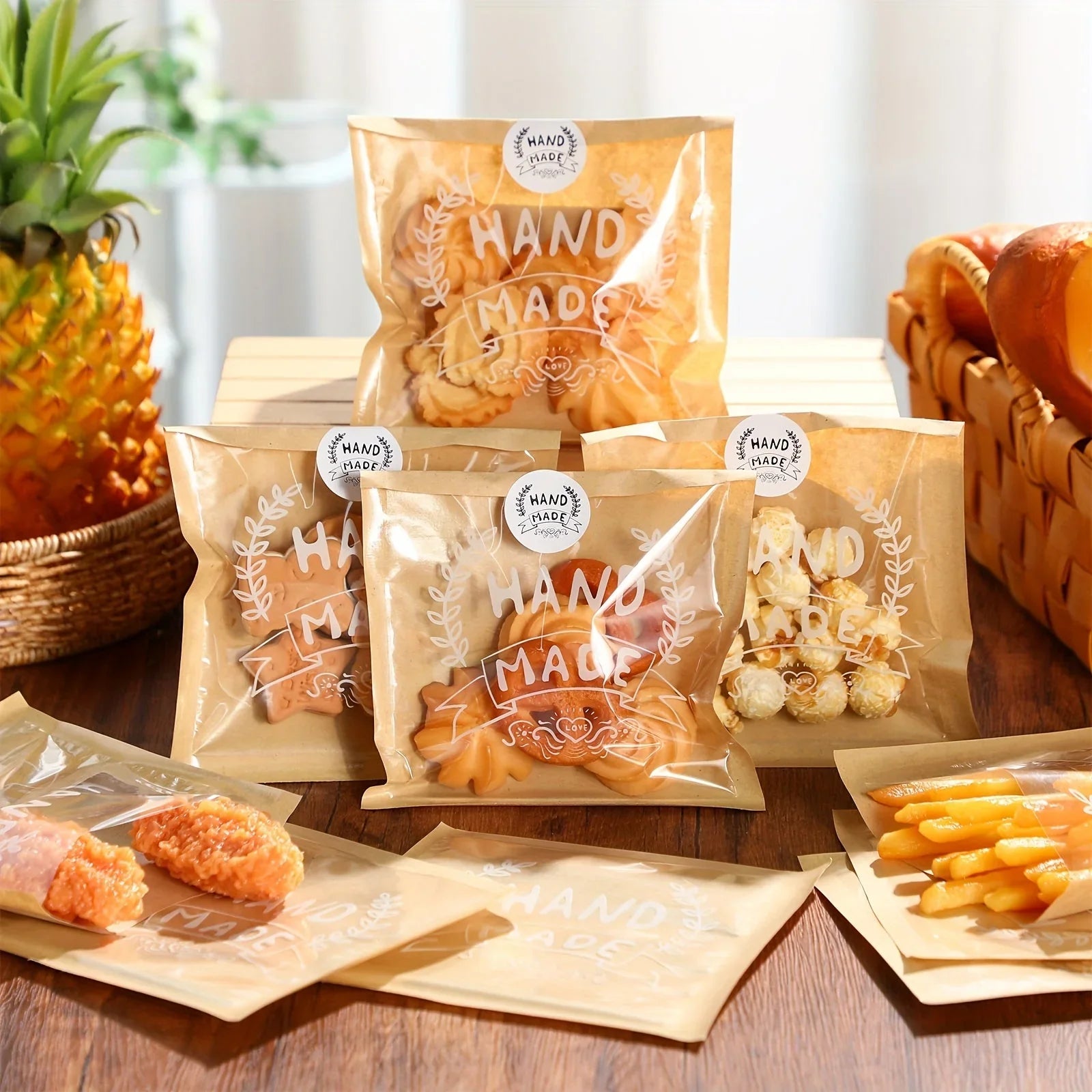 100 Small Kraft Paper Bakery Bags with Clear Window & Handmade Stickers - Brown Treat Bags for Cookies,... - House Of Avana